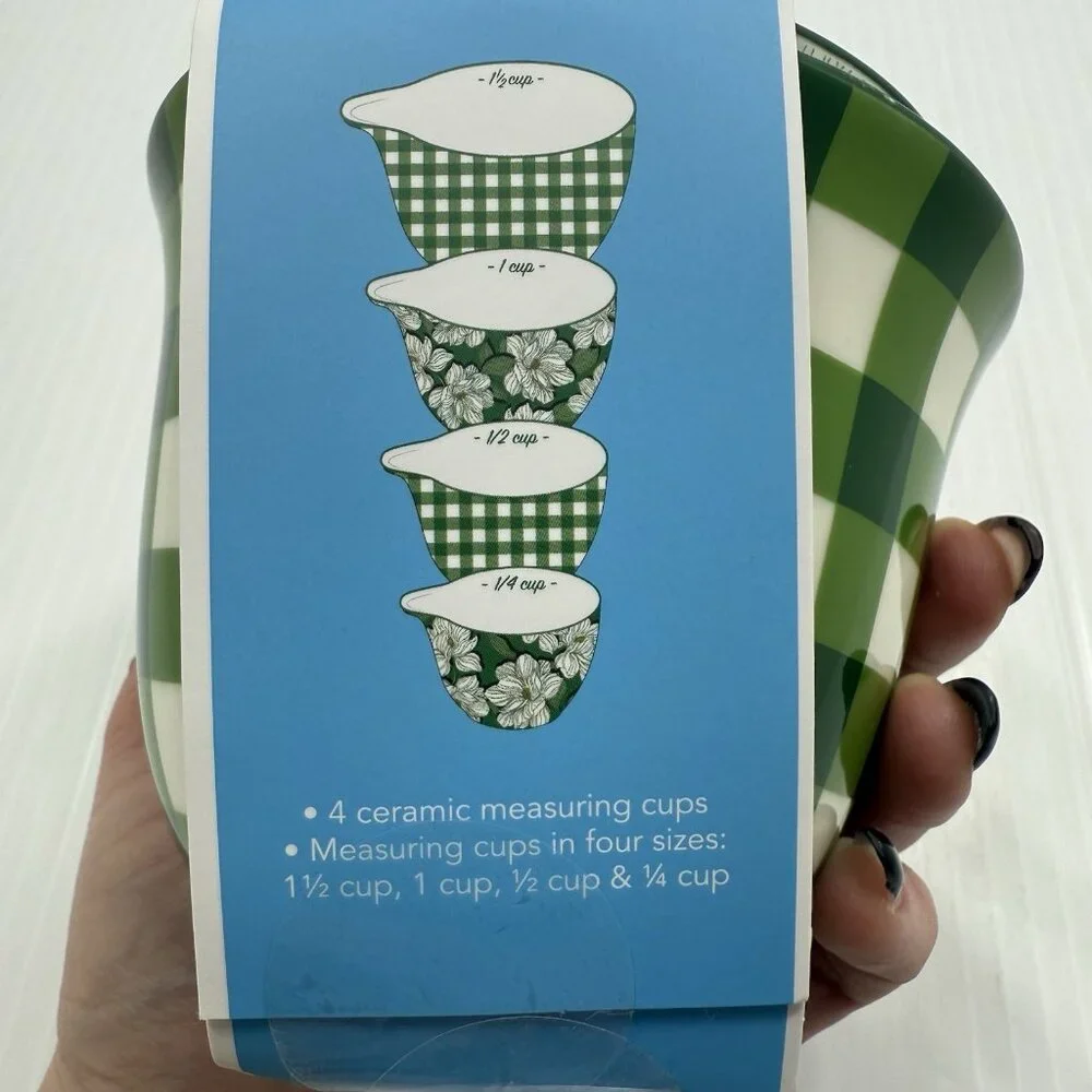 Draper James Green Gingham Floral Ceramic Measuring Cups Set 4 New Boxed Gift